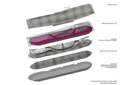 Plovoucí lázně na Rašínově nábřeží, schema konstrukce lodě plovoucího zázemí, Petr Janda/Brainwork