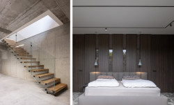 Třmenové schodiště WING do suterénu (vlevo), obklad stěny EFEKTA (vpravo)