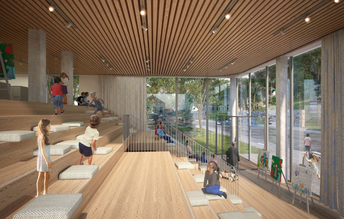 Interiér vstupu z ulice Nad Kazankou. Hala může být využita jako herna a výstavní prostor, MAS Architects.