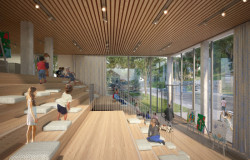 Interiér vstupu z ulice Nad Kazankou. Hala může být využita jako herna a výstavní prostor, MAS Architects.