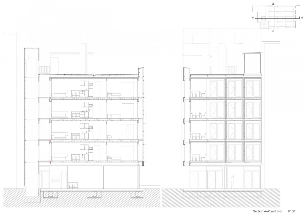 Dočasný bytový dům v Barceloně, Straddle3 + Eulia Arkitektura + Yaiza Terré, výkresy