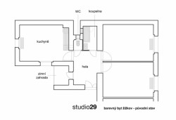 studio29, Barevný byt na Žižkově, půdorys, původní stav – foto
