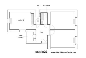 studio29, Barevný byt na Žižkově, půdorys, původní stav – foto