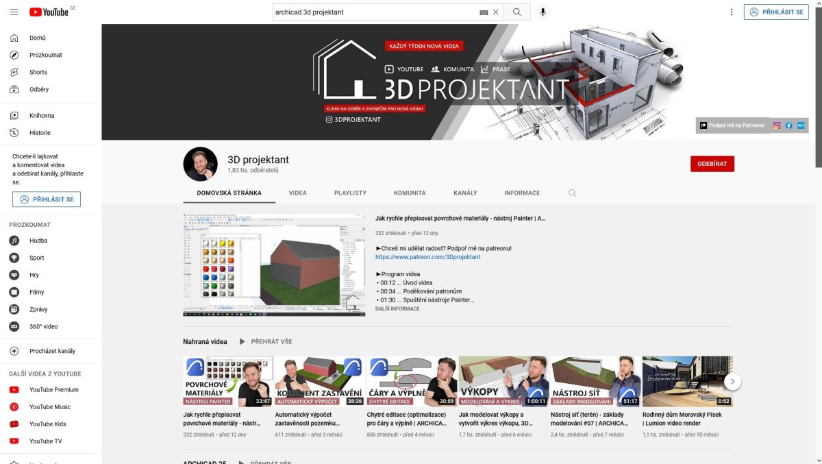 Nepřehlédněte YouTube kanál 3D projektant