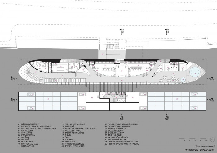 půdorys podpalubíPlovoucí lázně na Rašínově nábřeží, půdorys podpalubí, Petr Janda/Brainwork