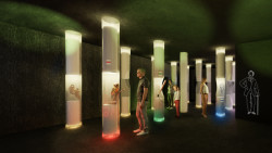 Vizualizace vítězného návrhu Studia COSMO a spol. - tajemná atmosféra podsvícených sloupů připomínající les kmenů s turistickými značkami