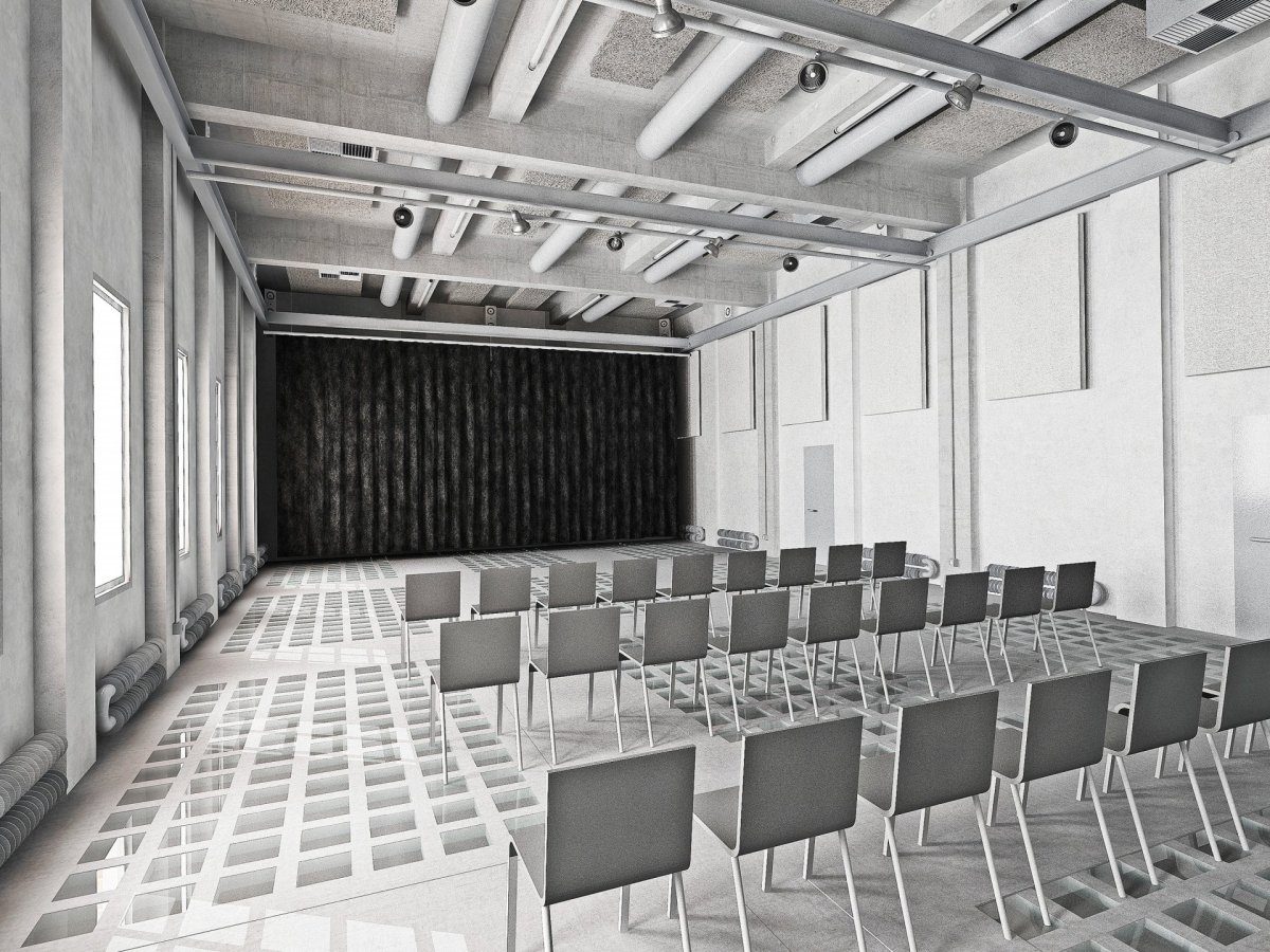 Adaptace obilného sila pro Nadaci Automatické mlýny od studia Prokš Přikryl architekti - multifunkční sál