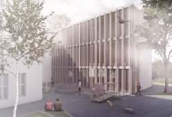 Pohled na dostavbu stávající budovy ze školního dvora, 2. cena, Petr Průša, Michaela Horáková, Sasha Derkach, Dmytro Matviishyn.