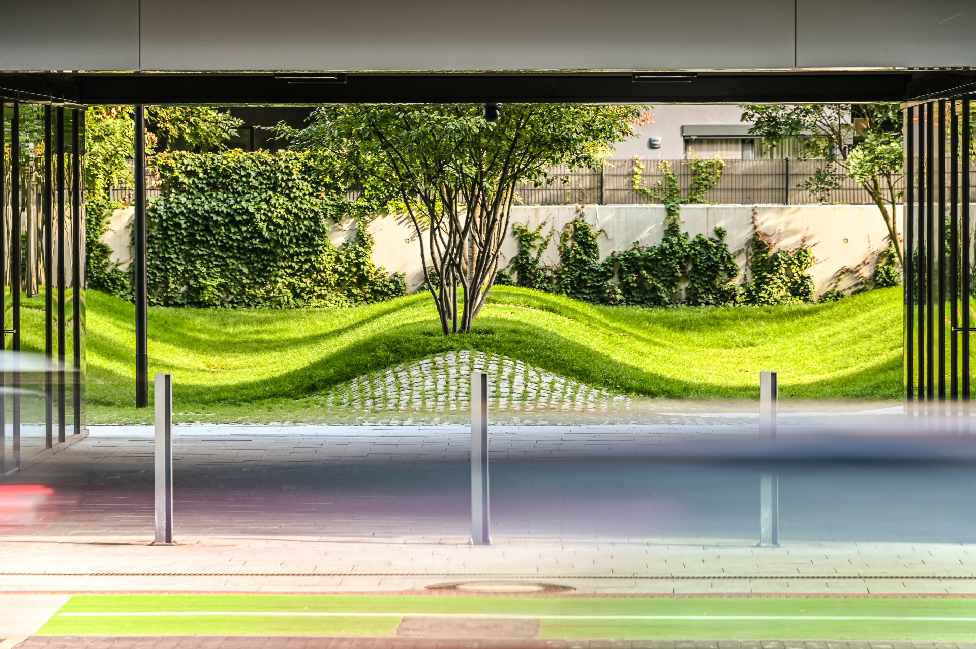 Jelikož se pod územím nacházejí podzemní garáže, nemohly se tady stromy vysadit jen tak. Umožnil to až nápad na zvlněný povrch, ve kterém mají dostatek zeminy. (Urban Residence - Obytný dvor, Compass Architekti, Ateliér DIVO)