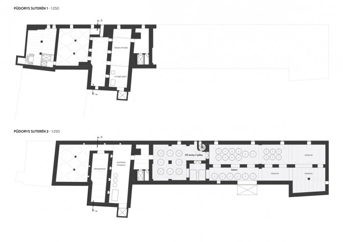 Rekonstrukce pivovaru v Kamenici nad Lipou, půdorys sklepů, OTA ateliér