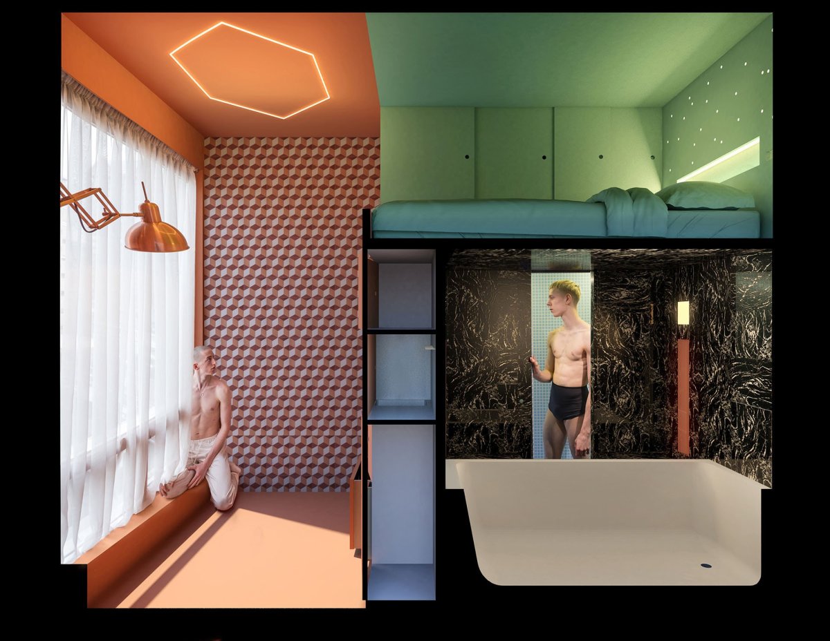 Cabanon (Minimální byt v Rotterdamu, STAR - Strategies and Architecture, BOARD - Bureau of Architecture, Research and Design)