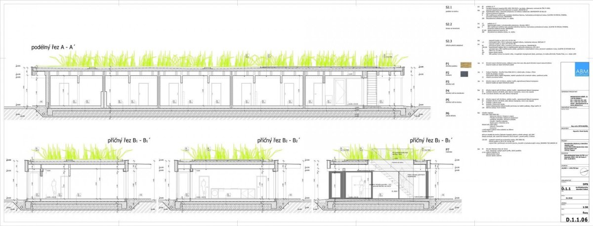 Rozvoj areálu Opatovického mlýna, ubytovna, řezy, ABM architekti.