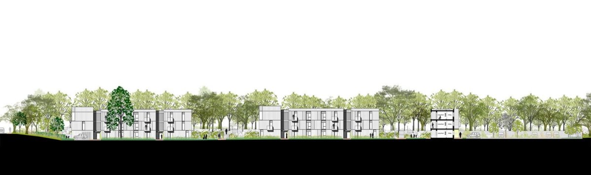 Stockwool Architects, obytný soubor Clock House Gardens, bokorys, výkres