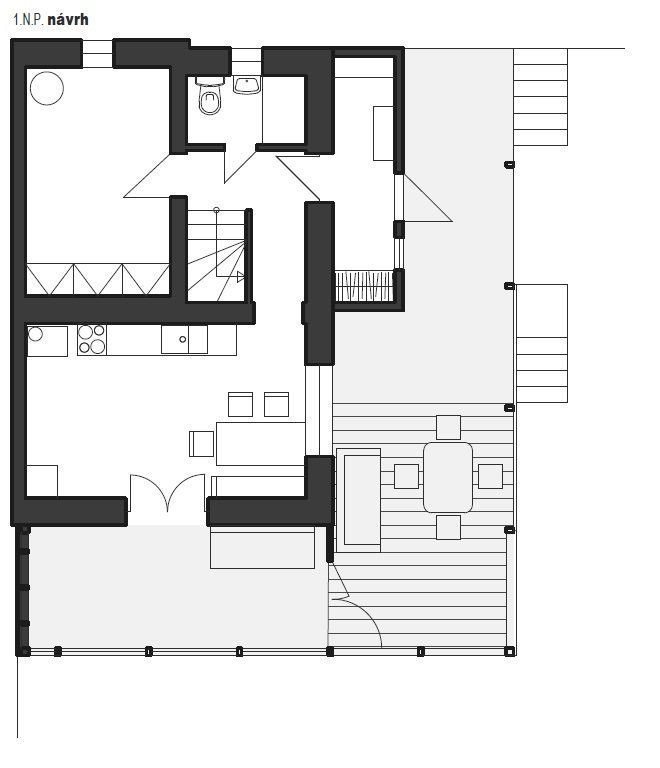 Dostavba rodinného domu Na Drahách, návrh půdorysu, 3+1 architekti