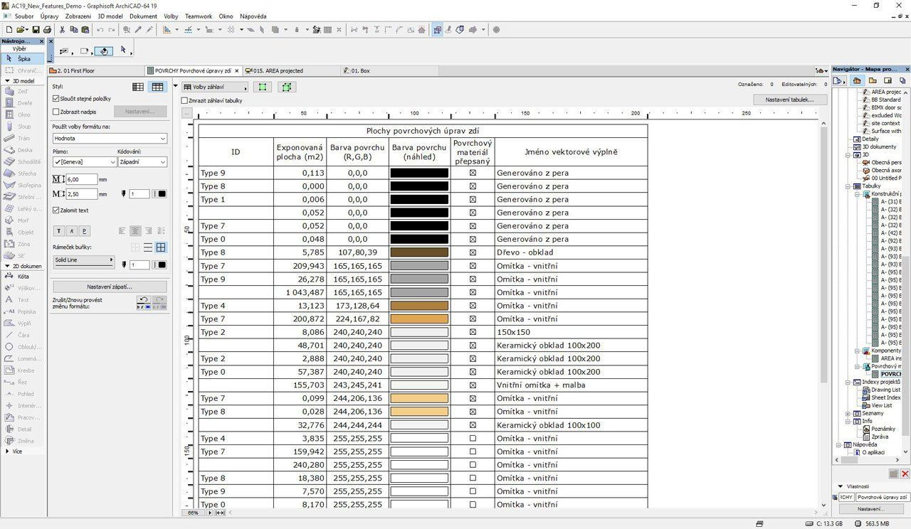 Obr. 6: ArchiCAD 19 - Naprosto přesný výkaz finálních povrchových úprav, lze ho však dle potřby přepisovat - foto
