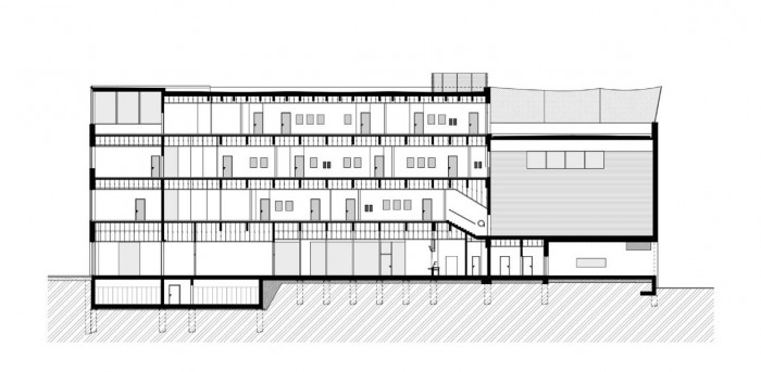 Dostavba budovy Slovanského gymnázia Olomouc, řez objektem, Miroslav Pospíšil