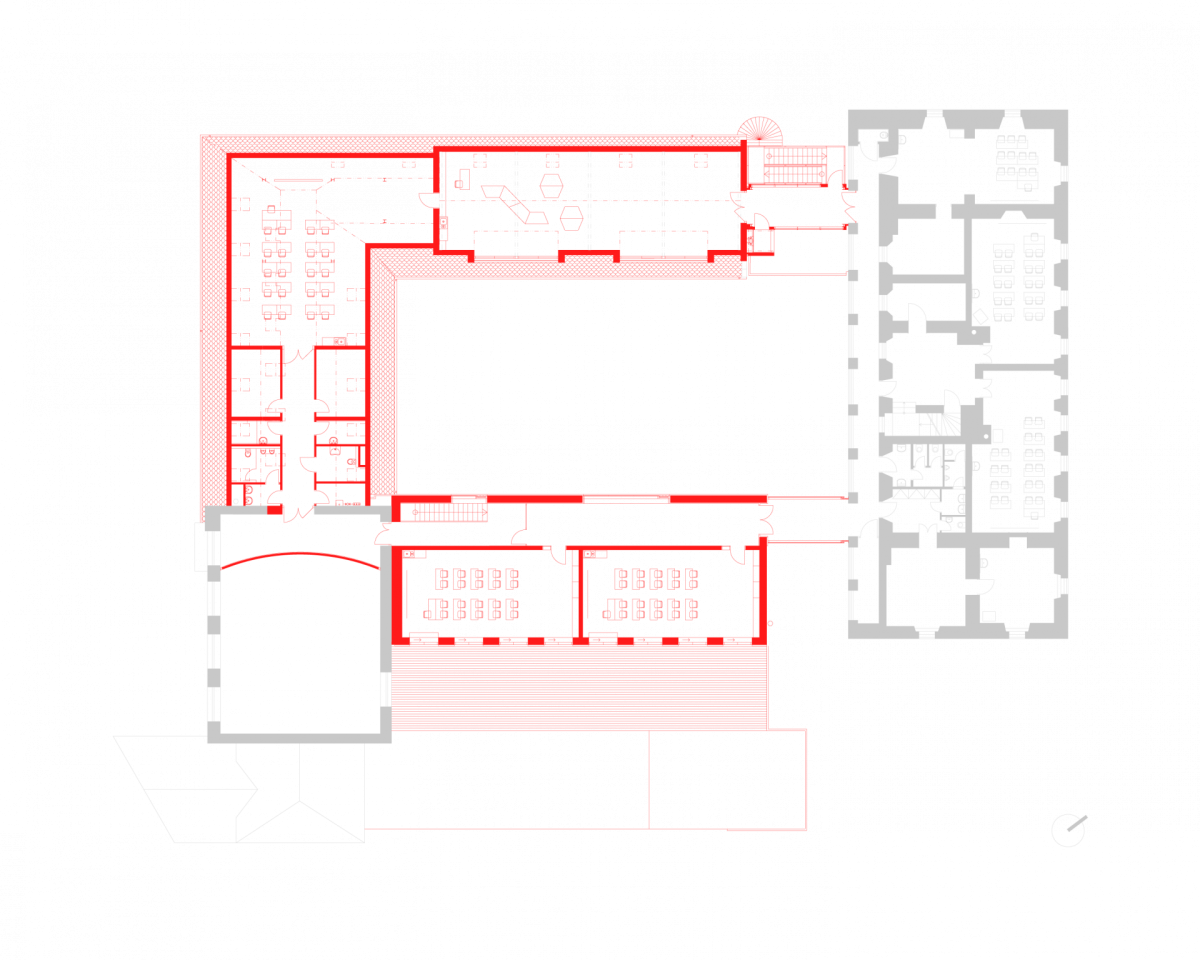 Rekonstrukce a rozšíření Základní školy Vřesovice, Public Atelier, studio FUUZE/ Jiří Markevič, Jaroslav Sedlák, půdorys 2NP
