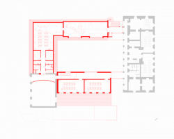 Rekonstrukce a rozšíření Základní školy Vřesovice, Public Atelier, studio FUUZE/ Jiří Markevič, Jaroslav Sedlák, půdorys 2NP