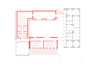 Rekonstrukce a rozšíření Základní školy Vřesovice, Public Atelier, studio FUUZE/ Jiří Markevič, Jaroslav Sedlák, půdorys 2NP