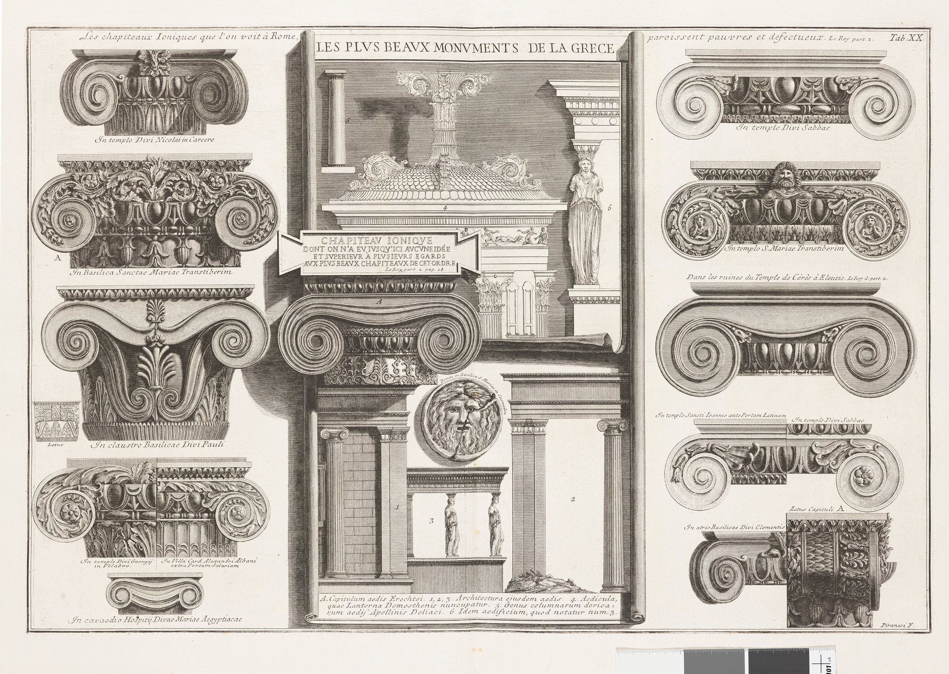 Giovanni Battista Piranesi, Různé římské iónské hlavice ve srovnání s řeckými příklady z Le Roye, 1761, lept z alba Della Magnificenza Ed Architettvra De' Romani.