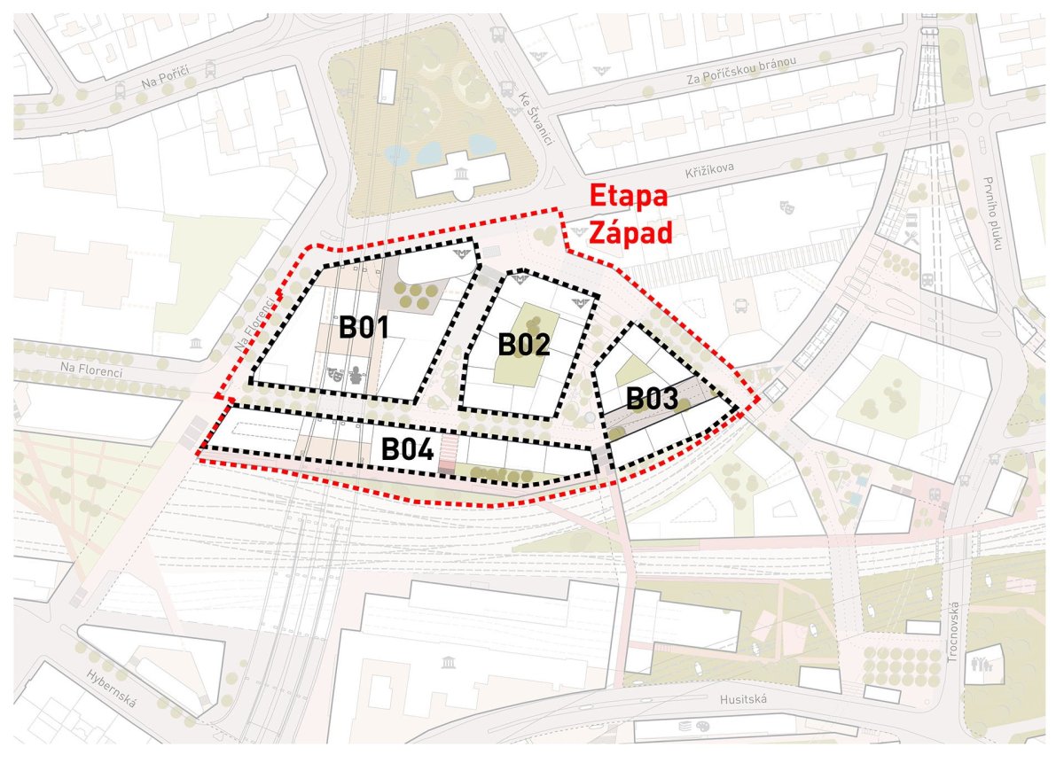 Florenc21: Etapa Západ, vymezení jednotlivých bloků řešených ve čtyřech architektonických soutěžích, zdroj: ONplan, 2024