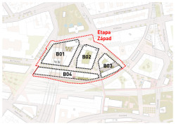 Florenc21: Etapa Západ, vymezení jednotlivých bloků řešených ve čtyřech architektonických soutěžích, zdroj: ONplan, 2024