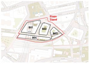 Florenc21: Etapa Západ, vymezení jednotlivých bloků řešených ve čtyřech architektonických soutěžích, zdroj: ONplan, 2024