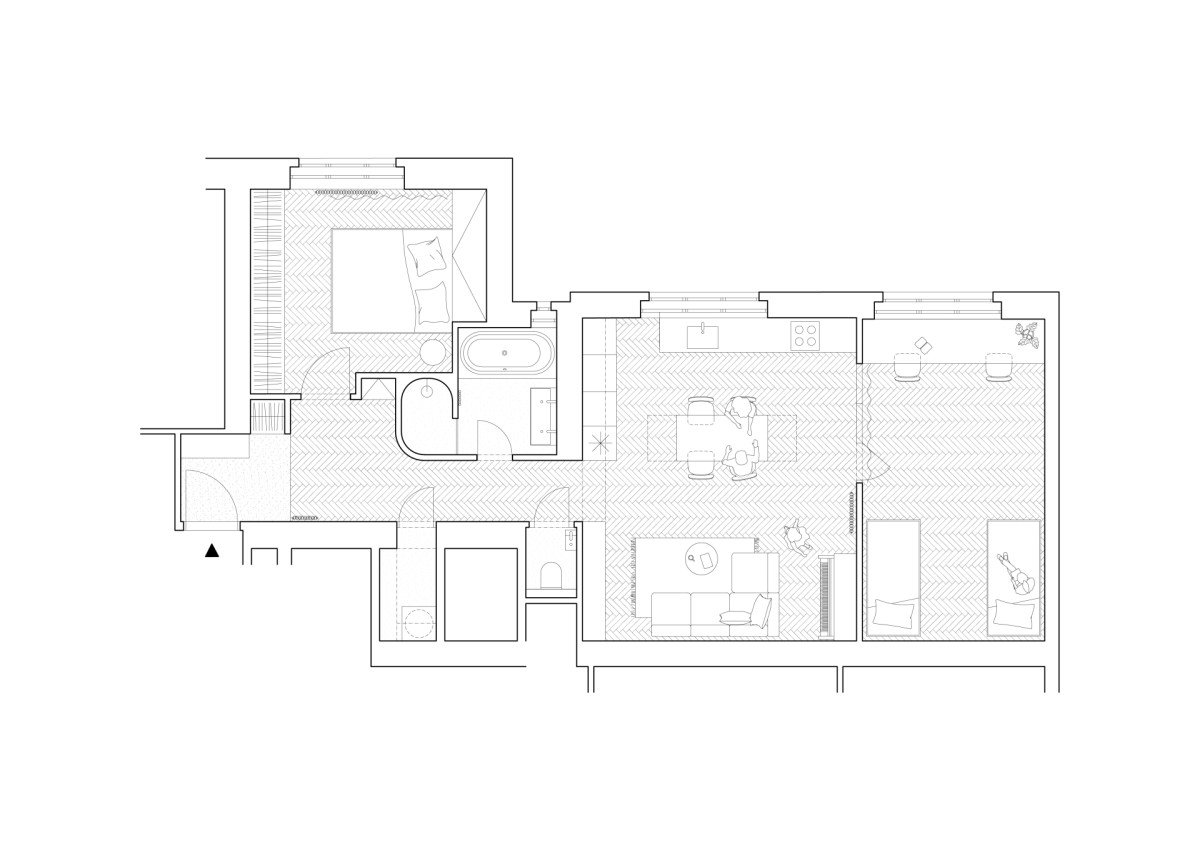 Půdorys (Flexibilní rekonstrukce pražského bytu; Markéta Bromová architekti)