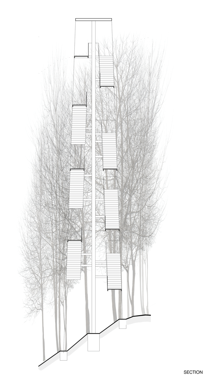 Márius Žitňanský, Vladimír Šimkovič, Peter Gonda, Ľubica Dubeňová a Jana Fečkaninová, Vyhliadková veža na Dubni, příčný řez // odměna bez určení pořadí – foto