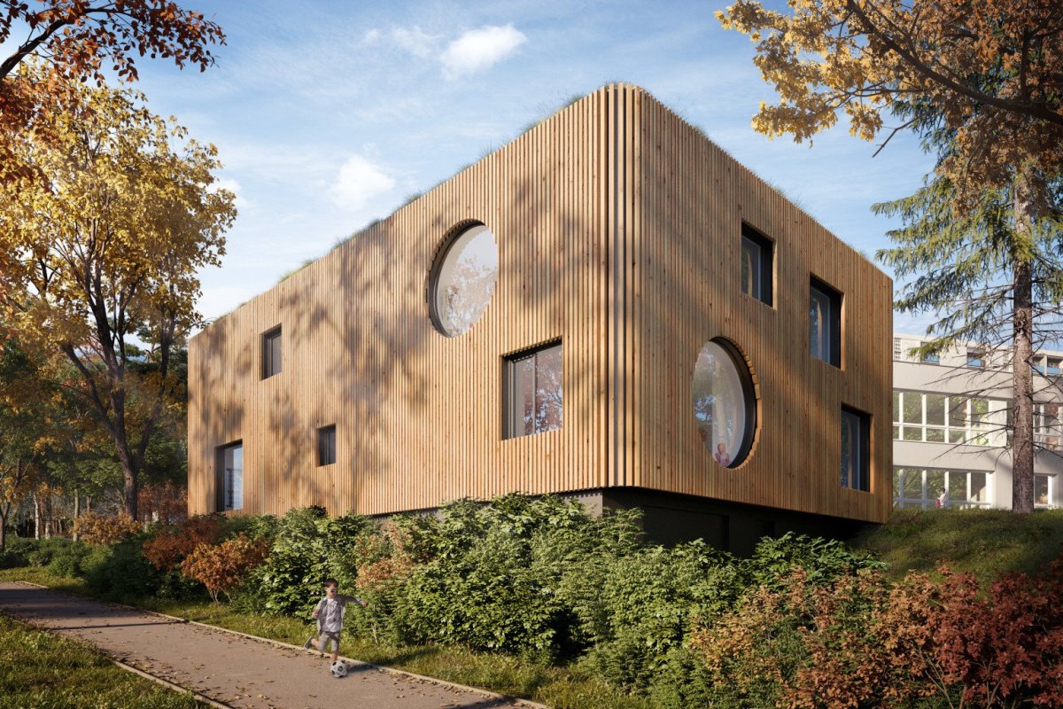 Mateřská škola Ibsenka Brno (EM3 Dřevostavby s.r.o.), vítěz veřejného hlasování v kategorii Dřevěné budovy - návrhy