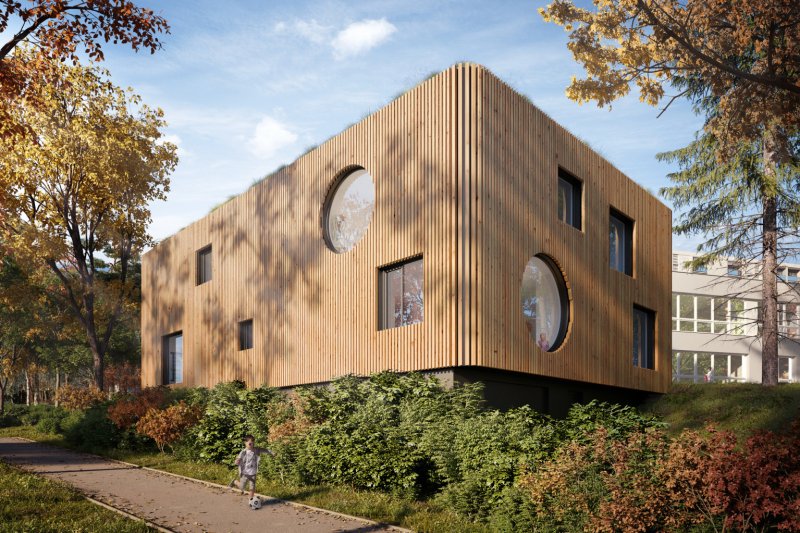 Mateřská škola Ibsenka Brno (EM3 Dřevostavby s.r.o.), vítěz veřejného hlasování v kategorii Dřevěné budovy - návrhy