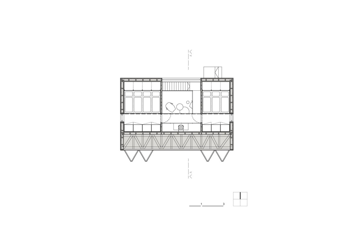 Půdorys 2. NP (Chata u Sázavy mezi skálou a řekou; Mimosa Architekti)