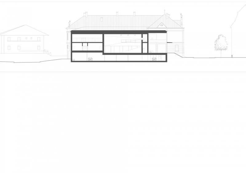 Revitalizace areálu Sokolovny v Rokycanech, Rusina Frei architekti / Martin Rusina, Martin Frei, Gabriela Sládečková, řez E-E, pohled