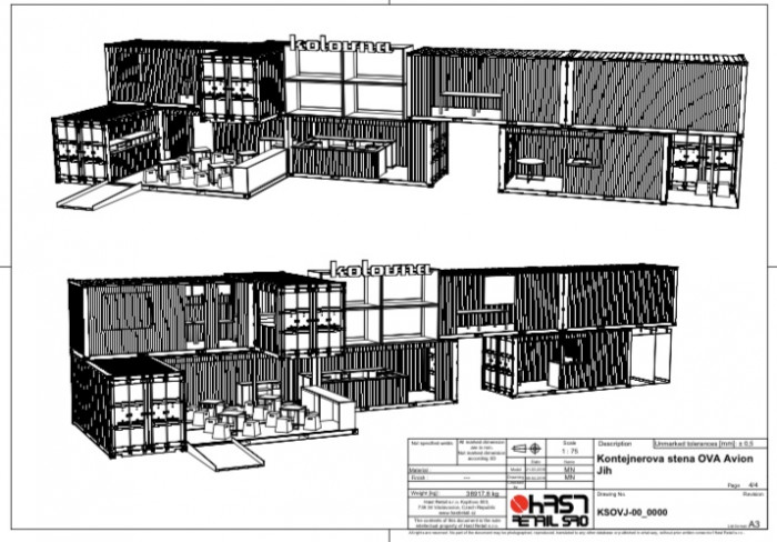 Kontejnerová stěna prodejny Kolovna, Hast Retail, axonometrie