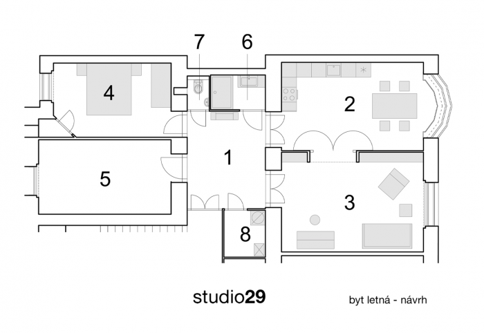 studio29, Interiér bytu na Letné, půdorys nový – foto