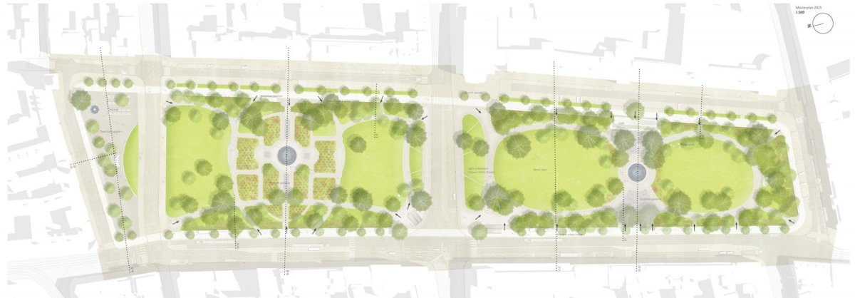 Vítězný návrh rekonstrukce Karlova náměstí v Praze, situace, němečtí krajináři Rehwaldt Landschaftsarchitekten + české studio BY Architects + dopravní kancelář PD Filip.