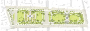 Vítězný návrh rekonstrukce Karlova náměstí v Praze, situace, němečtí krajináři Rehwaldt Landschaftsarchitekten + české studio BY Architects + dopravní kancelář PD Filip.