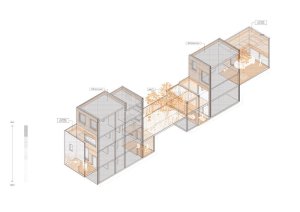 HARQUITECTES, cihlový dům č.p. 1014, axonometrie, výkres