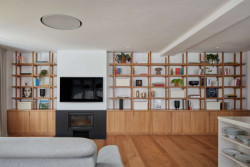 Výrazným prvkem obytného prostoru je dubová knihovna, kterou doplňuje krb a televize. (Rekonstrukce bytu ve Strašnicích, MENU architekti)