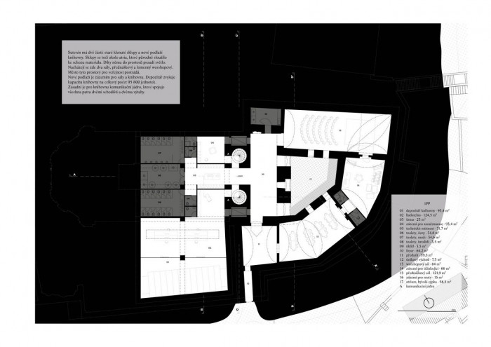 Jiří Lukáš, Centrum Jablonného v Podještědí, kostel/knihovna, půdorys 1. PP – foto