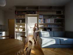 „Za knihovnu by se nemusel stydět žádný intelektuál," říkají architekti. (Rekonstrukce bytu v Praze, No Architects)