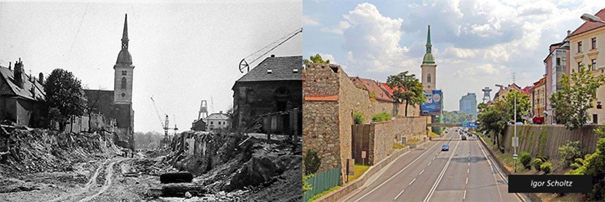 Most Slovenského národního povstání, Jozef Lacko, Ladislav Kušnír, Ivan Slameň, Arpád Tesár, 1968-1973. Foto: Igor Scholtz
