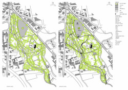 Obnova Mercandinových sadů v Klatovech, situace původního a současného stavu, CHVOJKA/ architekt