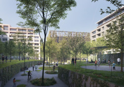 Pohled do rezidenčního vnitrobloku, tým 28: A69 – architekti (ČR)