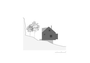 Pohled západ (Chata u Sázavy mezi skálou a řekou; Mimosa Architekti)