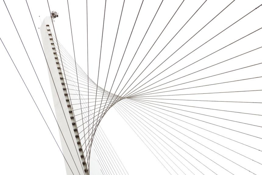 Šestašedesát lan drží štíhlou mostovku (Santiago Calatrava, Most strun)