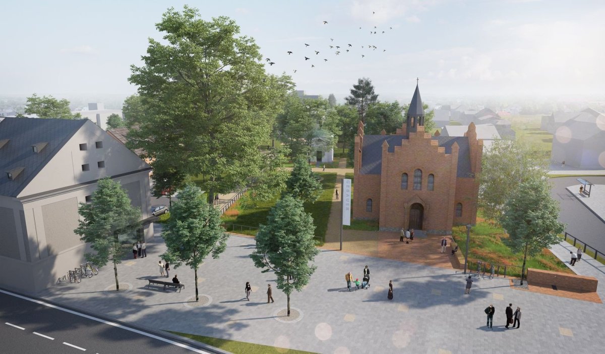 Vítězný návrh v architektonické soutěži na revitalizaci veřejného prostoru v Červeného kostela, vizualizace
