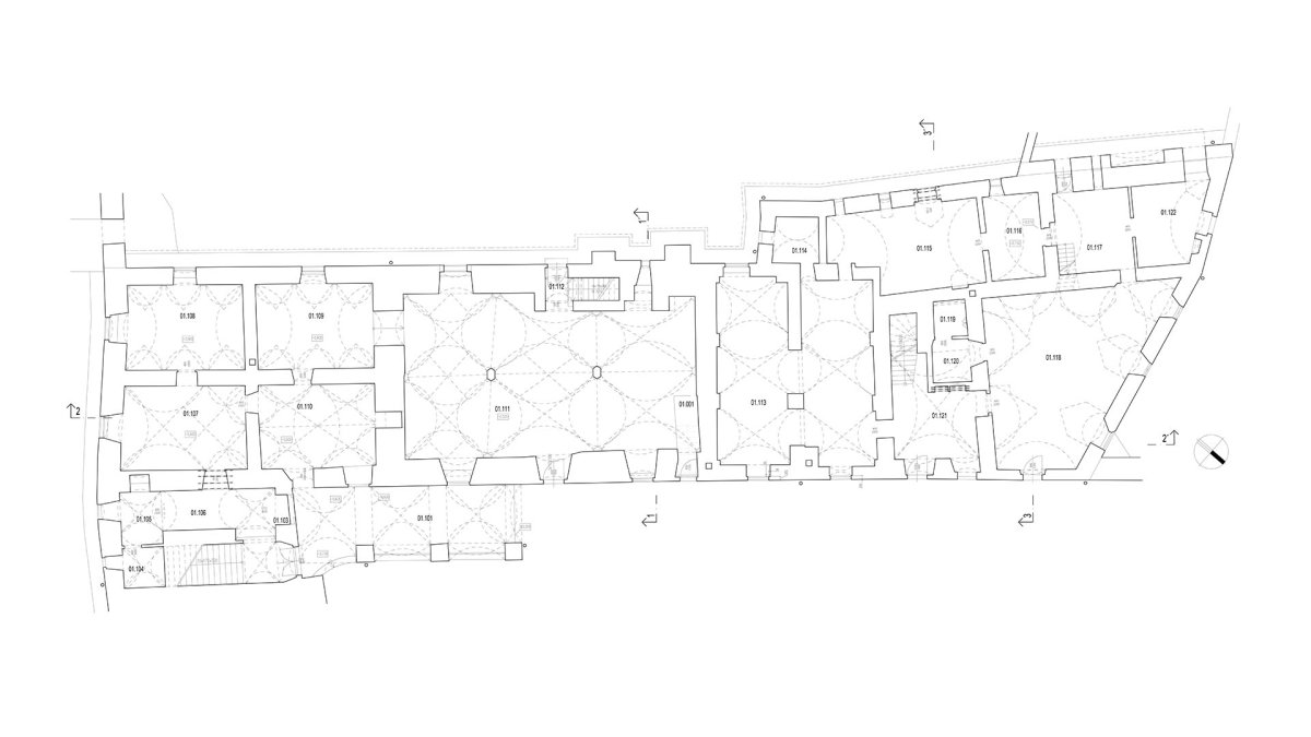 Půdorys 1. NP (Port 1560, Domy Architects)