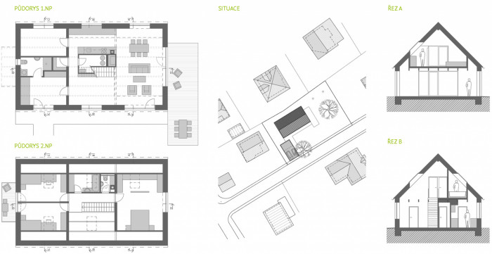 Rodinný dům ve Vraném nad Vltavou, základní výkresy, zdroj : Kontinual