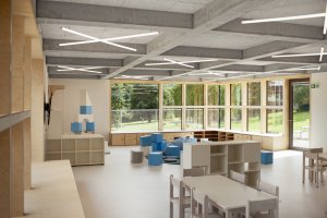 Organizačně se třídy dělí na dvě části, které ale zůstávají vizuálně propojené.  (Mateřská škola ve Fulneku od XTOPIX)